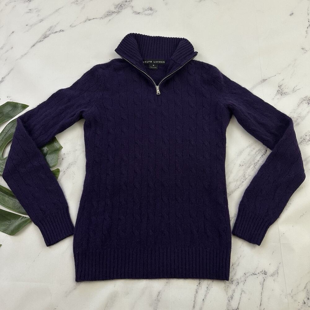 Ralph Lauren Black Label Womens Cashmere Sweater Size M Dark Purple Cable Knit